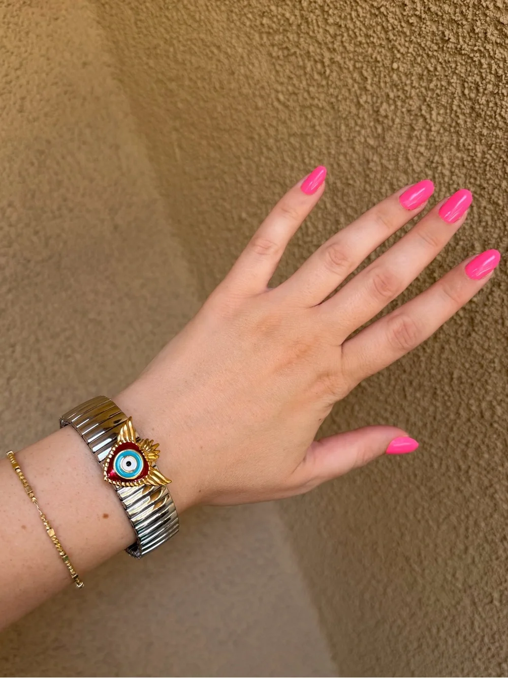 Silver Stretch Bracelet with Fish and Gold Red Evil Eye Accent - Picture 4 of 4